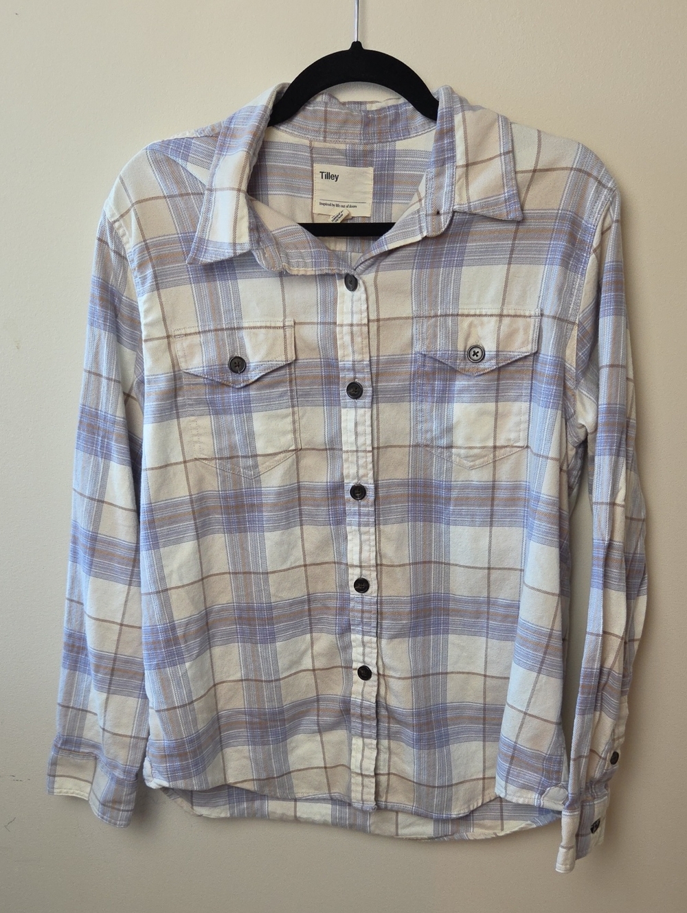 Tilley Women's Plaid Button-Down Shirt in Cream and Light Blue
